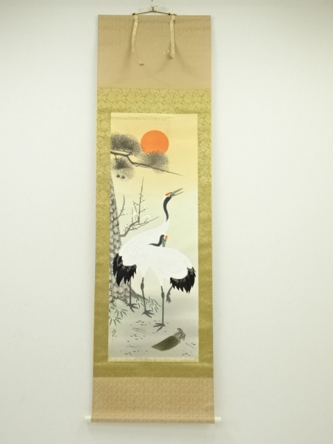 掛け軸 松廉 松竹梅鶴亀 絹本 希少 軸装 茶道具 掛軸 美品 です。 道具 ] - 道具 観月筆 松竹梅鶴亀 肉筆絹本掛軸（共箱